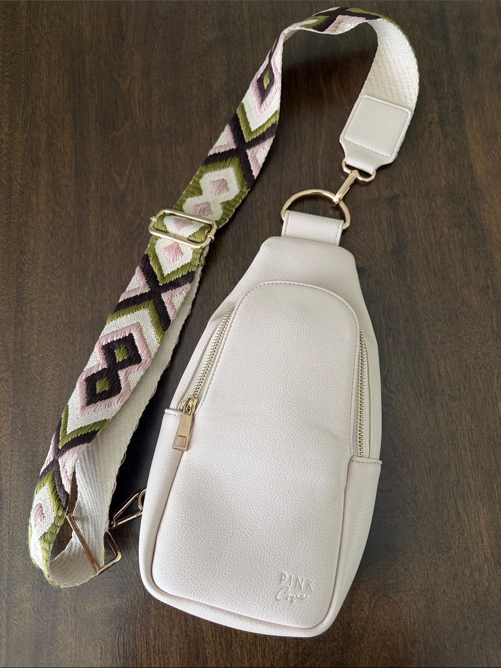 Pink Cove light pink faux Leather Crossbody Sling with Patterned Strap adjustabl